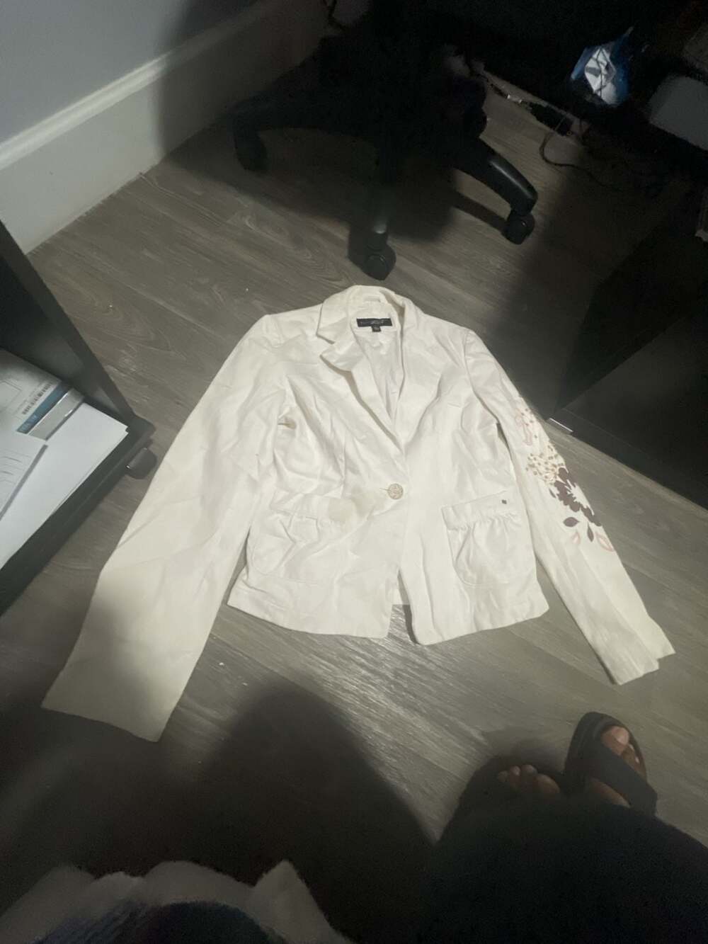 Black Rivet White Cotton Corduroy Blazer with Floral Embroidery and Sequins